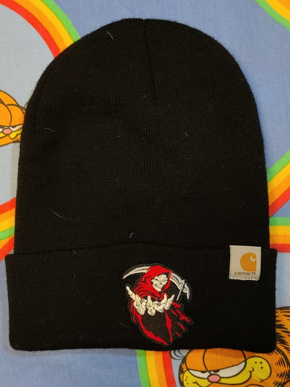 Carhartt Black Beanie Knit Watch Hat Grim Reaper Patch Custom Workwear Cap